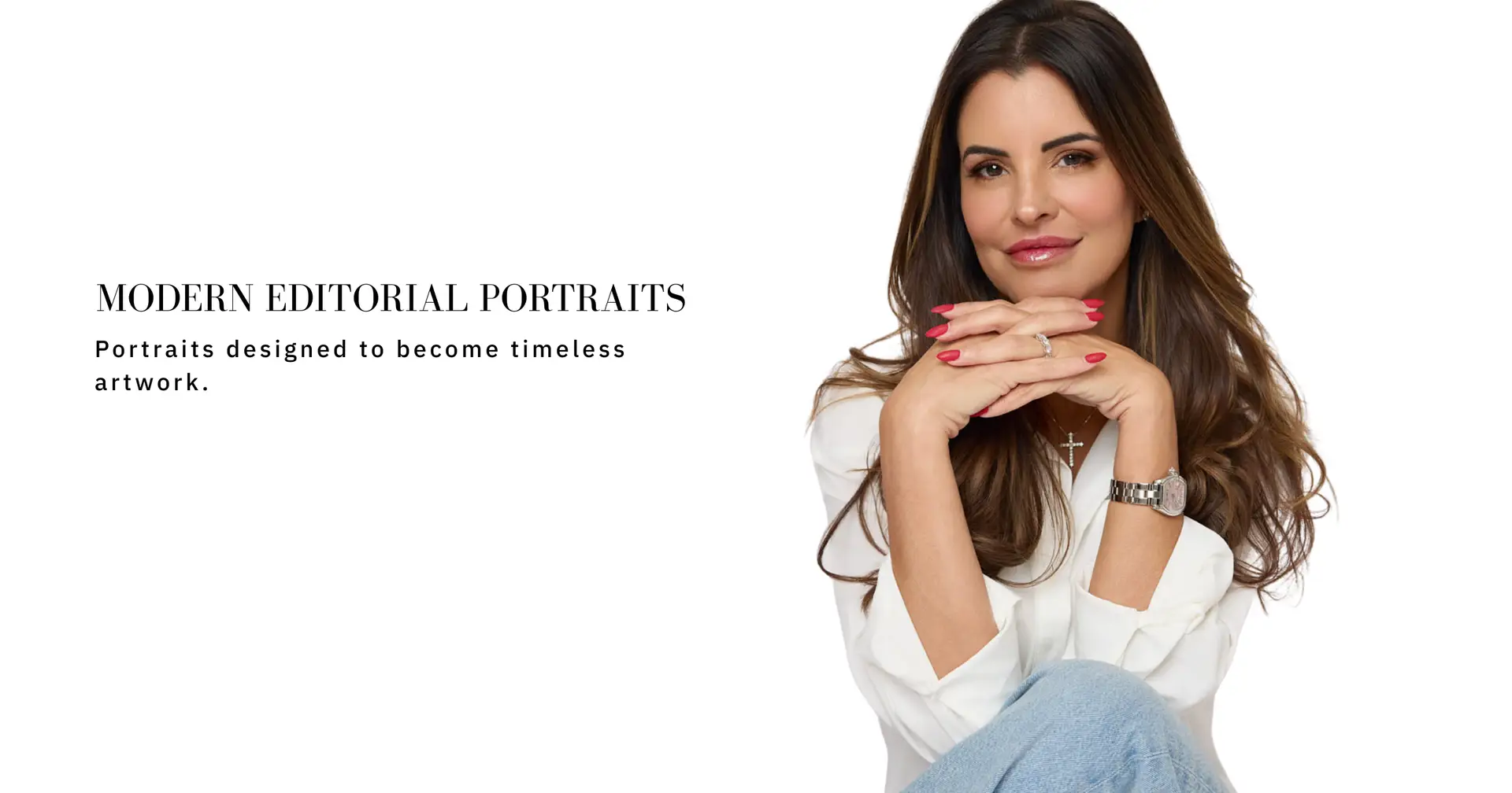 beautiful professional woman in a white shirt seated at bellus phtography